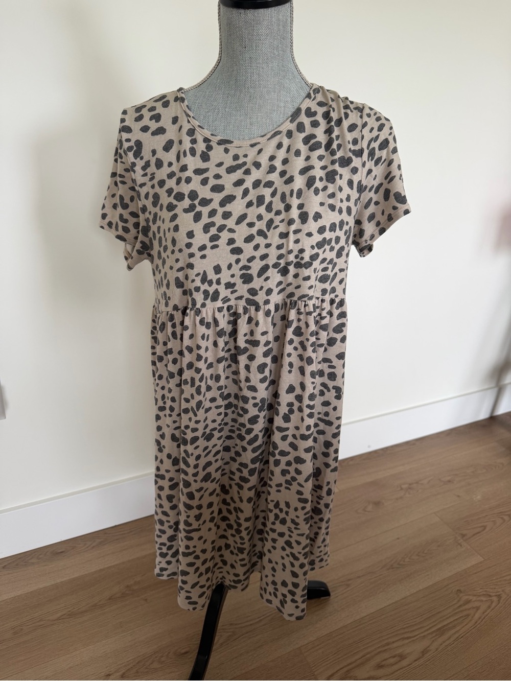 12PM by Mon Ami Leopard Print Babydoll Dress Tan Beige Short Sleeve